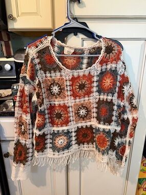 Boho Crochet Fringe Crewneck Sweater - Orange Multi